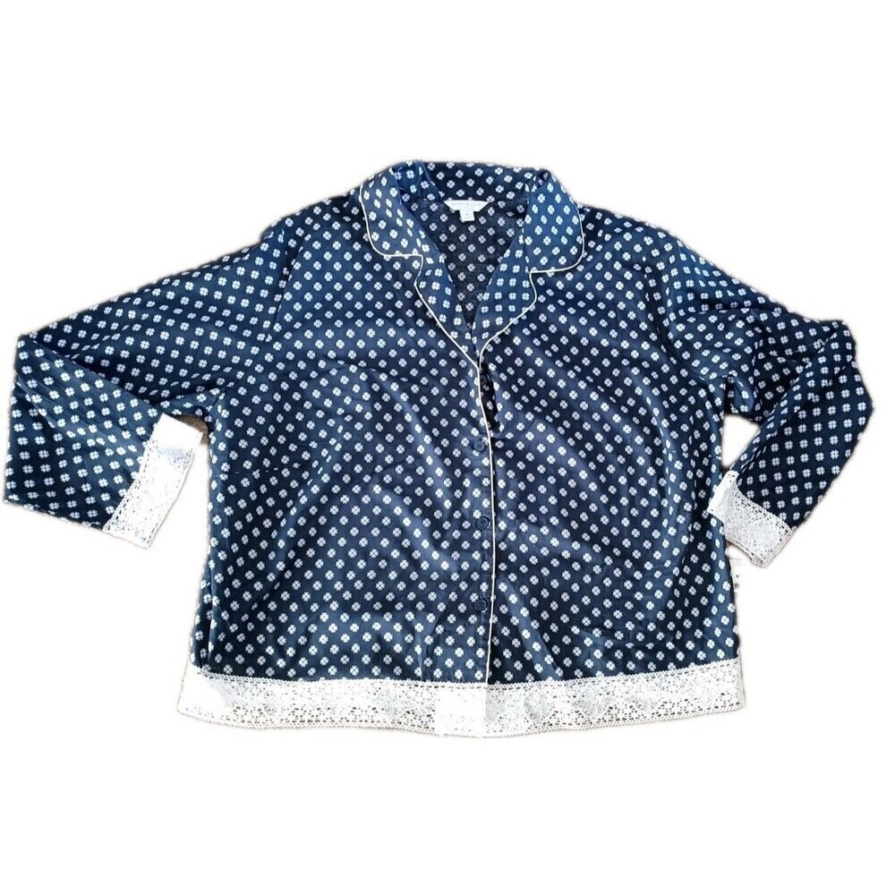Charter Club Pajama Top Sz Medium Blue Notch Collar Lace Trim Floral Cotton New